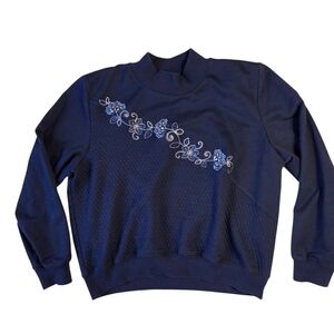 Vintage Alfred Dunner Embroidered Navy Floral Sweater Womens Petite 24 in P2P